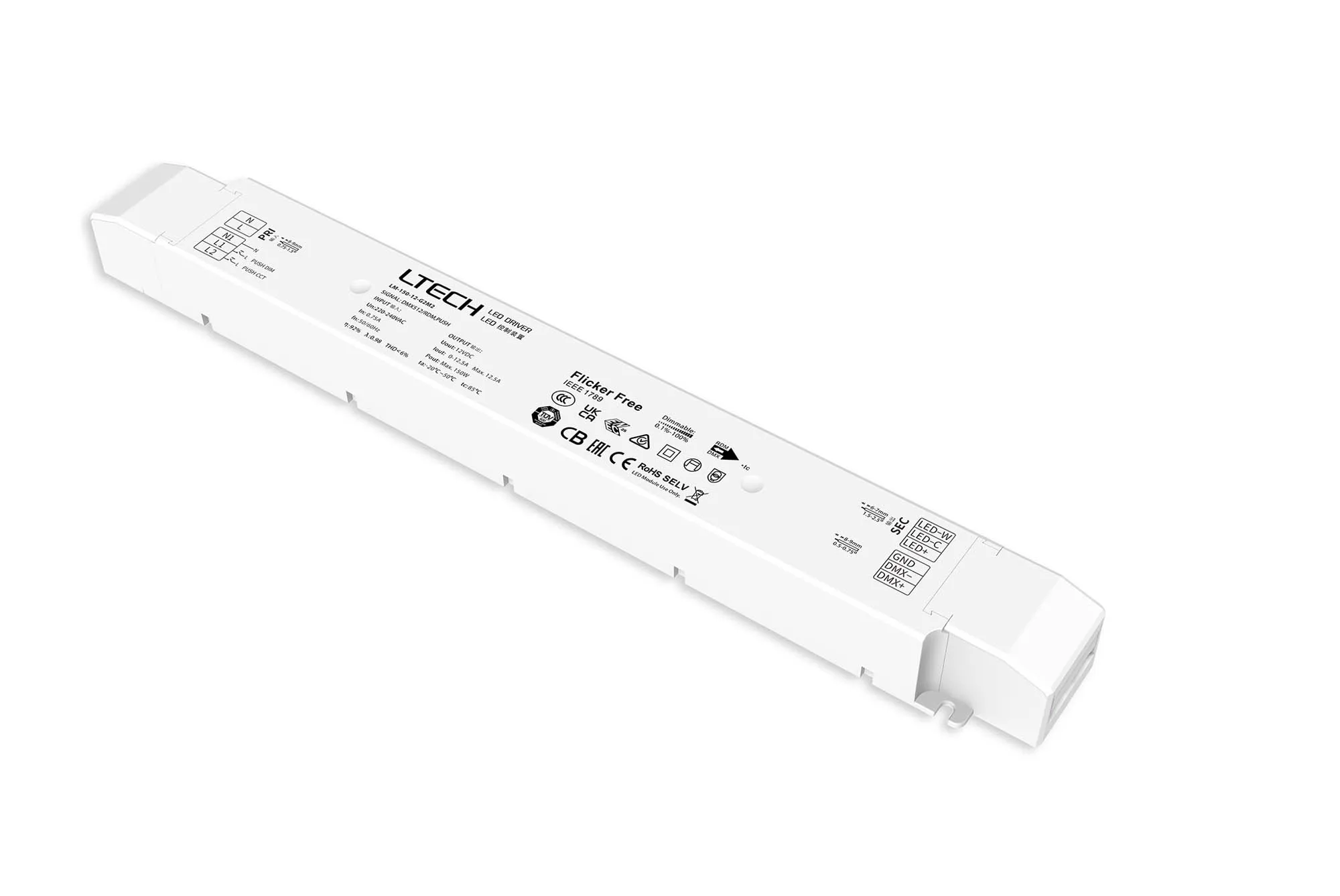 DMX512/RDM/Push DIM/CCT, 0-100% Dim, CV 150W, 12Vdc 12.5A, 200-240Vac, IP20, 5yrs Warranty. LM-150-12-G2M2  LTECH DMX Constant Voltage